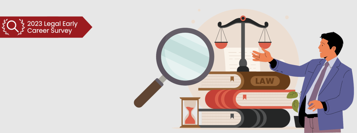 Lawyer pointing at legal books with scale and magnifying glass