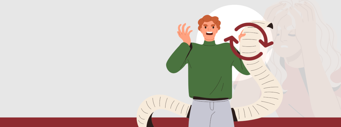Illustration of people frustrated with what appears to be a never ending document