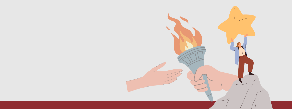 Illustration of a torch being passed, and a figure reaching for the stars