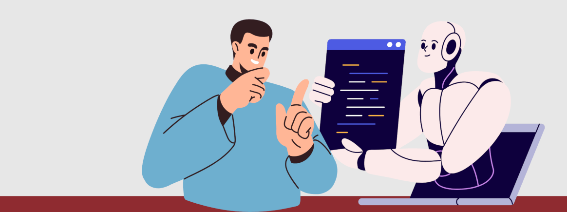 Illustration of a legal firm employee looking over a document with a robot